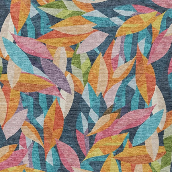 HomeRoots 10' Navy Blue, Orange & Yellow Floral Area Rug - Washable Indoor/Outdoor, Stain-Resistant, Durable Design 689876