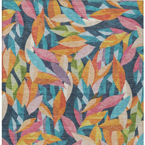 HomeRoots 10' Navy Blue, Orange & Yellow Floral Area Rug - Washable Indoor/Outdoor, Stain-Resistant, Durable Design 689876