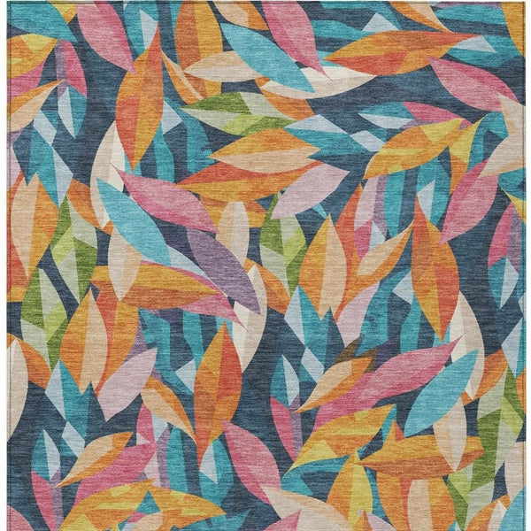 HomeRoots 10' Navy Blue, Orange & Yellow Floral Area Rug - Washable Indoor/Outdoor, Stain-Resistant, Durable Design 689876