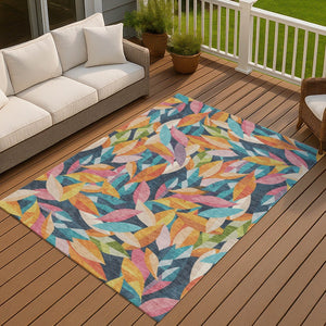 HomeRoots 10' Navy Blue, Orange & Yellow Floral Area Rug - Washable Indoor/Outdoor, Stain-Resistant, Durable Design 689876