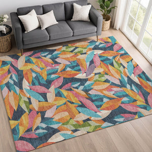 HomeRoots 10' Navy Blue, Orange & Yellow Floral Area Rug - Washable Indoor/Outdoor, Stain-Resistant, Durable Design 689876