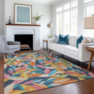 HomeRoots 10' Navy Blue, Orange & Yellow Floral Area Rug - Washable Indoor/Outdoor, Stain-Resistant, Durable Design 689876