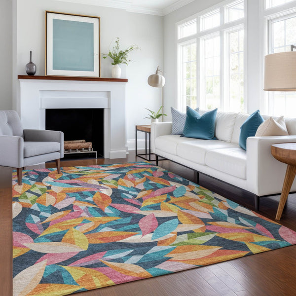 HomeRoots 10' Navy Blue, Orange & Yellow Floral Area Rug - Washable Indoor/Outdoor, Stain-Resistant, Durable Design 689876