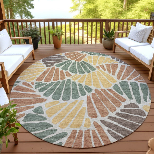 HomeRoots 8' Artichoke Green Floral Round Rug - Stylish Indoor/Outdoor Area Rug, Washable & Durable Design 689879