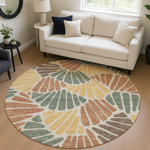 HomeRoots 8' Artichoke Green Floral Round Rug - Stylish Indoor/Outdoor Area Rug, Washable & Durable Design 689879