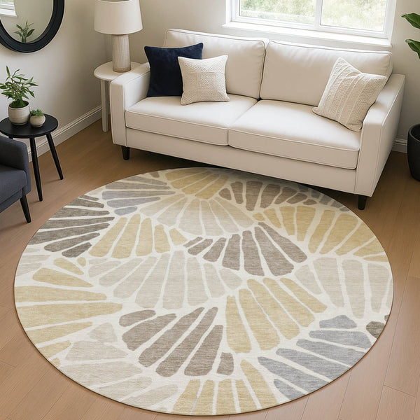 HomeRoots 8' Round Floral Washable Area Rug in Beige, Gold & Brown – Perfect for Indoor & Outdoor Use! 689885