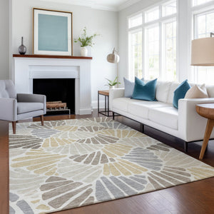 HomeRoots 9' X 12' Washable Beige, Gold, and Brown Floral Area Rug - Durable Indoor/Outdoor Design for Any Space 689887
