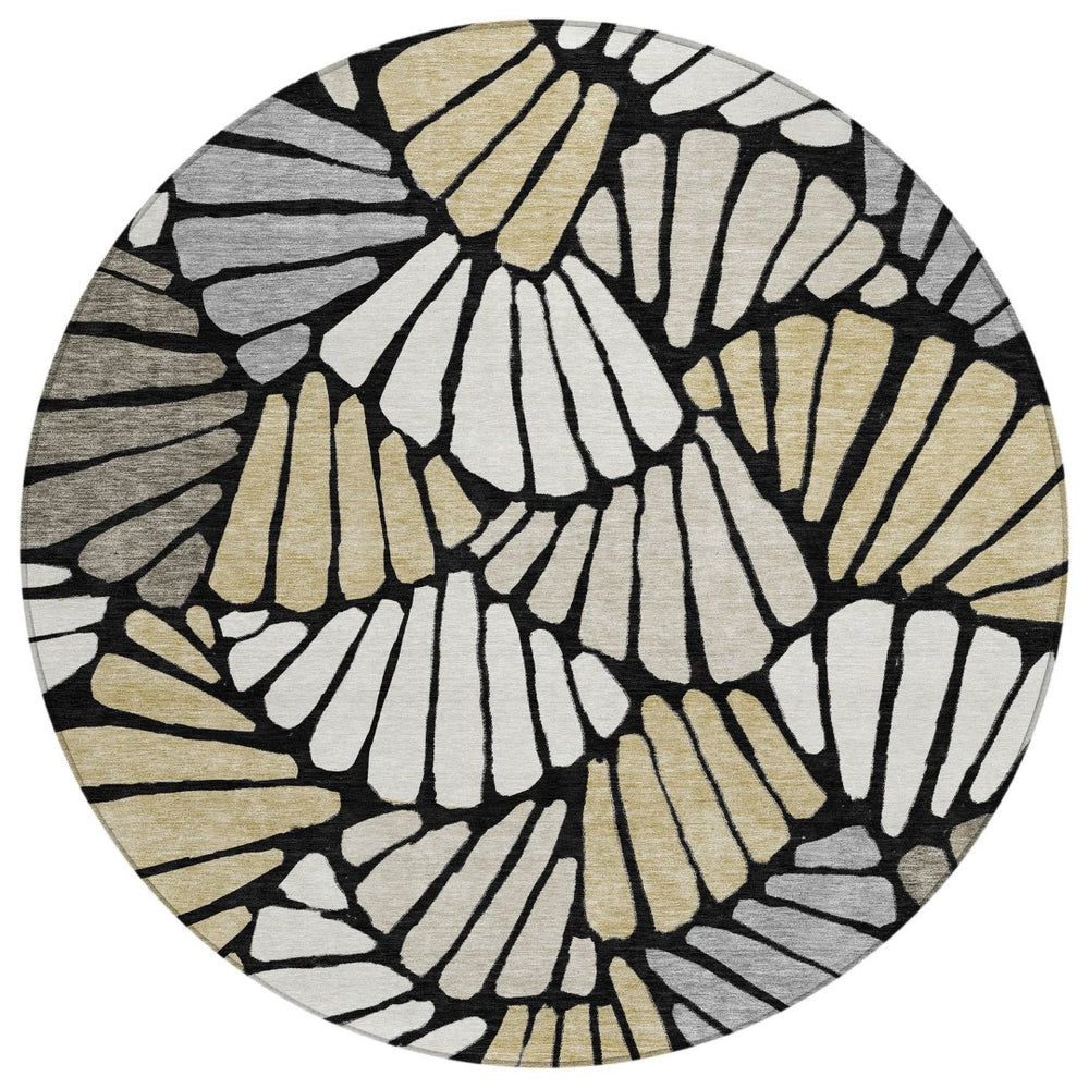 HomeRoots 8' Black Ivory and Gold Round Floral Area Rug - Washable, Durable, Stylish for Indoor & Outdoor Use 689891