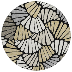HomeRoots 8' Black Ivory and Gold Round Floral Area Rug - Washable, Durable, Stylish for Indoor & Outdoor Use 689891