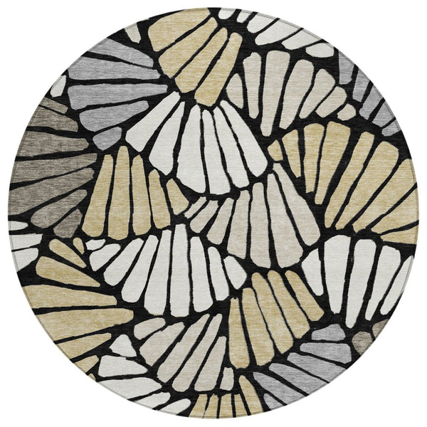 HomeRoots 8' Black Ivory and Gold Round Floral Area Rug - Washable, Durable, Stylish for Indoor & Outdoor Use 689891