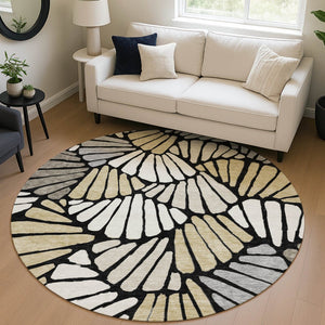HomeRoots 8' Black Ivory and Gold Round Floral Area Rug - Washable, Durable, Stylish for Indoor & Outdoor Use 689891