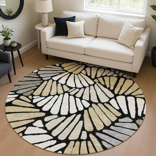 HomeRoots 8' Black Ivory and Gold Round Floral Area Rug - Washable, Durable, Stylish for Indoor & Outdoor Use 689891