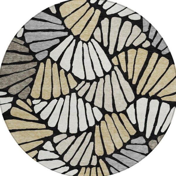 HomeRoots 8' Black Ivory and Gold Round Floral Area Rug - Washable, Durable, Stylish for Indoor & Outdoor Use 689891