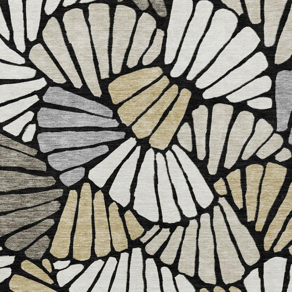 HomeRoots 10' Washable Black, Ivory & Gold Floral Area Rug - Elegant Indoor/Outdoor Design for Versatile Spaces 689894