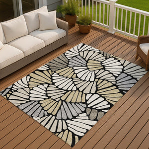 HomeRoots 10' Washable Black, Ivory & Gold Floral Area Rug - Elegant Indoor/Outdoor Design for Versatile Spaces 689894