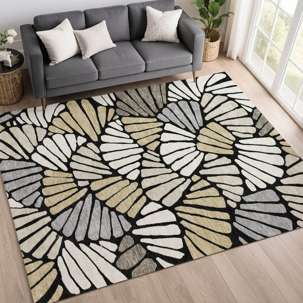HomeRoots 10' Washable Black, Ivory & Gold Floral Area Rug - Elegant Indoor/Outdoor Design for Versatile Spaces 689894