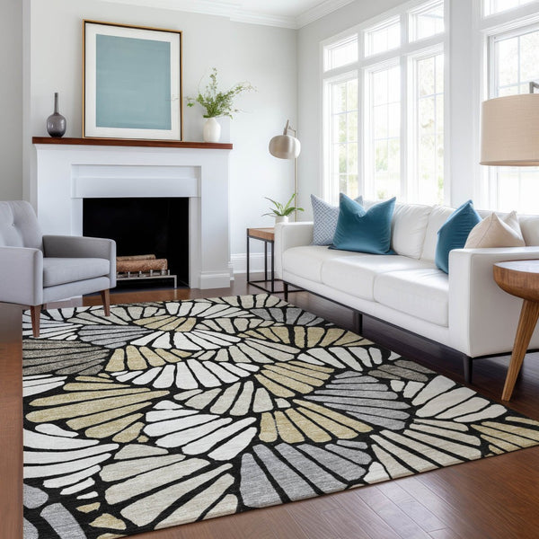 HomeRoots 10' Washable Black, Ivory & Gold Floral Area Rug - Elegant Indoor/Outdoor Design for Versatile Spaces 689894