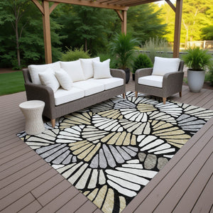 HomeRoots 10' Washable Black, Ivory & Gold Floral Area Rug - Elegant Indoor/Outdoor Design for Versatile Spaces 689894