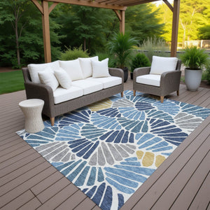 HomeRoots 5' Blue Gold Ivory Floral Area Rug - Washable, Durable & Versatile for Indoor/Outdoor Use! 689896