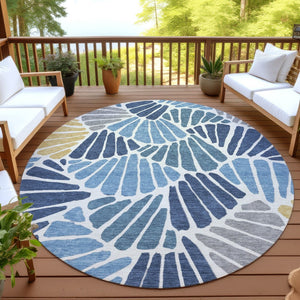 HomeRoots 8' Blue Gold Ivory Round Floral Area Rug - Durable, Washable, Ideal for Indoor & Outdoor Spaces 689897