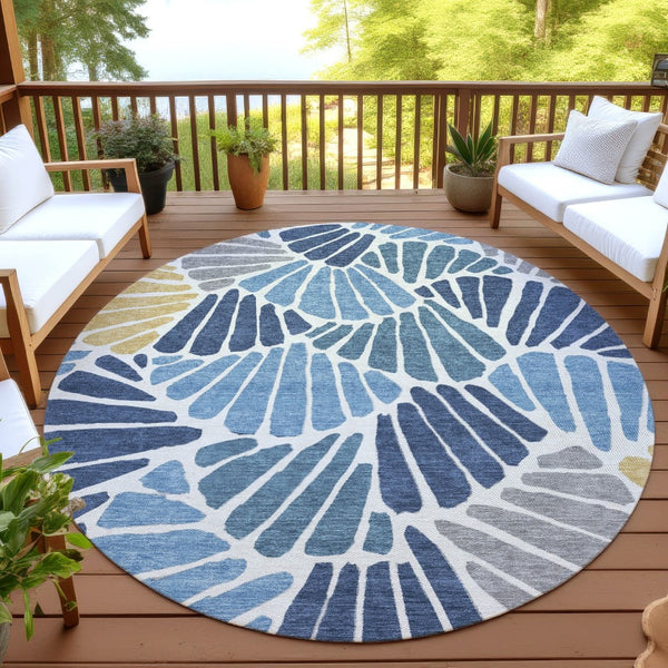HomeRoots 8' Blue Gold Ivory Round Floral Area Rug - Durable, Washable, Ideal for Indoor & Outdoor Spaces 689897