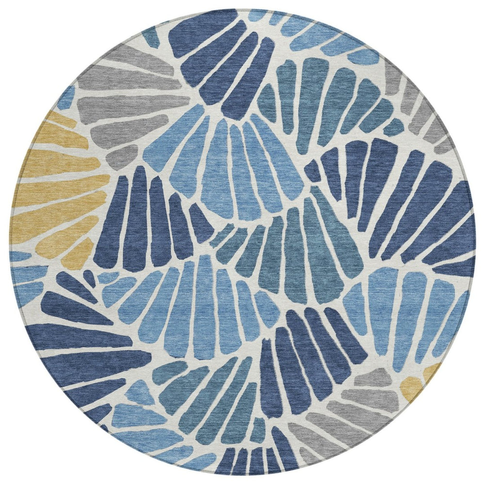 HomeRoots 8' Blue Gold Ivory Round Floral Area Rug - Durable, Washable, Ideal for Indoor & Outdoor Spaces 689897