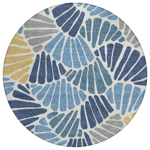 HomeRoots 8' Blue Gold Ivory Round Floral Area Rug - Durable, Washable, Ideal for Indoor & Outdoor Spaces 689897