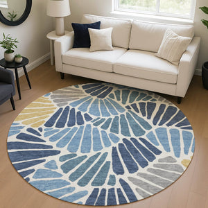 HomeRoots 8' Blue Gold Ivory Round Floral Area Rug - Durable, Washable, Ideal for Indoor & Outdoor Spaces 689897