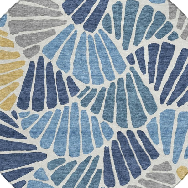 HomeRoots 8' Blue Gold Ivory Round Floral Area Rug - Durable, Washable, Ideal for Indoor & Outdoor Spaces 689897