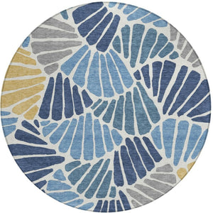 HomeRoots 8' Blue Gold Ivory Round Floral Area Rug - Durable, Washable, Ideal for Indoor & Outdoor Spaces 689897