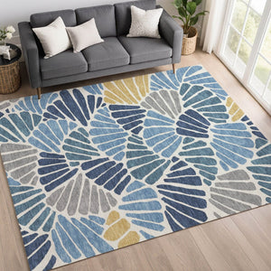 HomeRoots 9' Blue Gold and Ivory Floral Washable Area Rug - Durable, Stylish Indoor/Outdoor Design for Any Space 689899