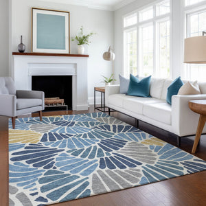 HomeRoots 9' Blue Gold and Ivory Floral Washable Area Rug - Durable, Stylish Indoor/Outdoor Design for Any Space 689899