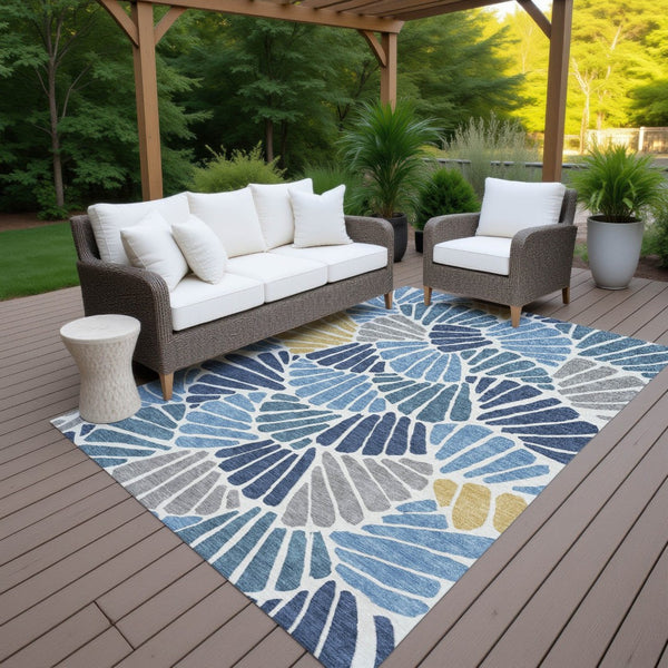 HomeRoots 9' Blue Gold and Ivory Floral Washable Area Rug - Durable, Stylish Indoor/Outdoor Design for Any Space 689899