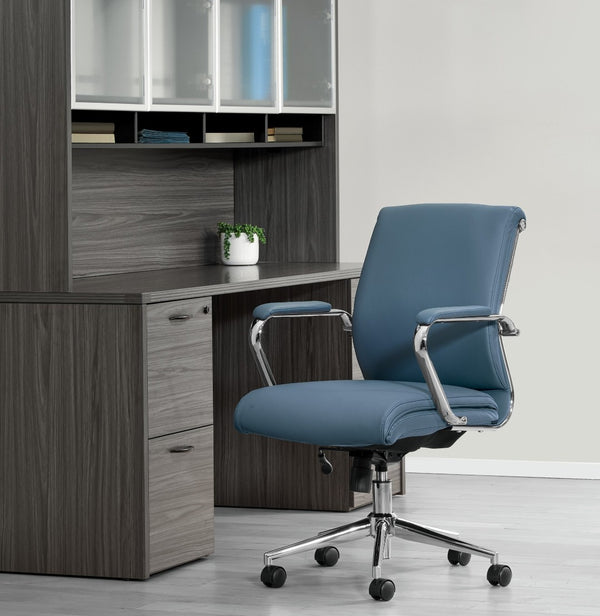 OSP Home Furnishings Mid Back Ergonomic Office Chair with Antimicrobial Fabric Chrome Arms and Lumbar Support Blue 920351C-R105