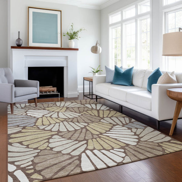 HomeRoots 5' X 8' Elegant Chocolate, Gold & Gray Floral Washable Area Rug for Indoor & Outdoor Spaces 689902