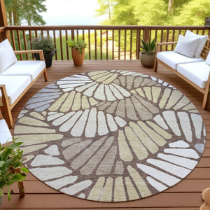 HomeRoots 8' Round Floral Area Rug in Chocolate, Gold & Gray - Stylish, Washable, Indoor/Outdoor Use, Durable Design 689903