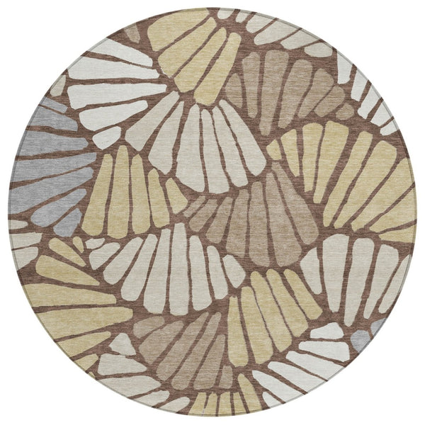 HomeRoots 8' Round Floral Area Rug in Chocolate, Gold & Gray - Stylish, Washable, Indoor/Outdoor Use, Durable Design 689903