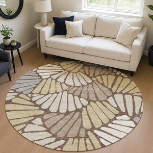 HomeRoots 8' Round Floral Area Rug in Chocolate, Gold & Gray - Stylish, Washable, Indoor/Outdoor Use, Durable Design 689903