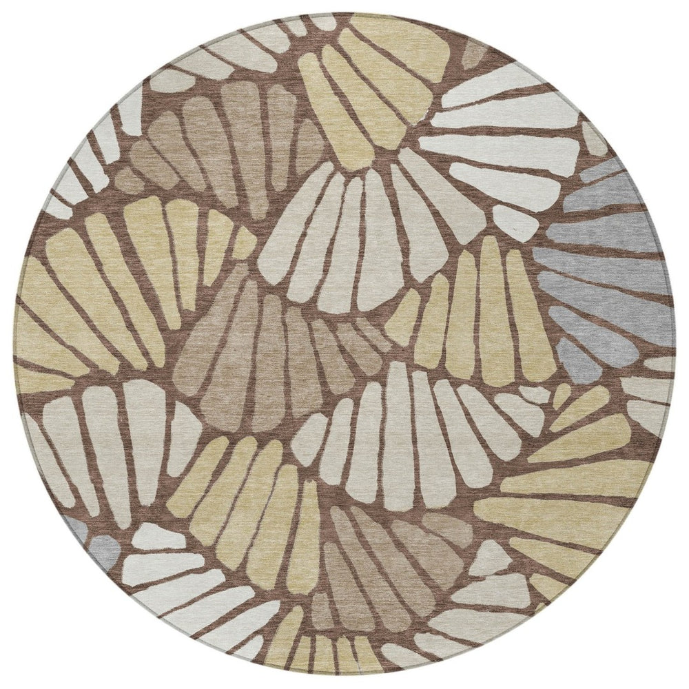 HomeRoots 8' Round Floral Area Rug in Chocolate, Gold & Gray - Stylish, Washable, Indoor/Outdoor Use, Durable Design 689903