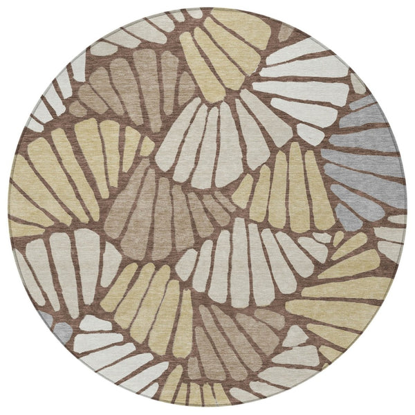 HomeRoots 8' Round Floral Area Rug in Chocolate, Gold & Gray - Stylish, Washable, Indoor/Outdoor Use, Durable Design 689903