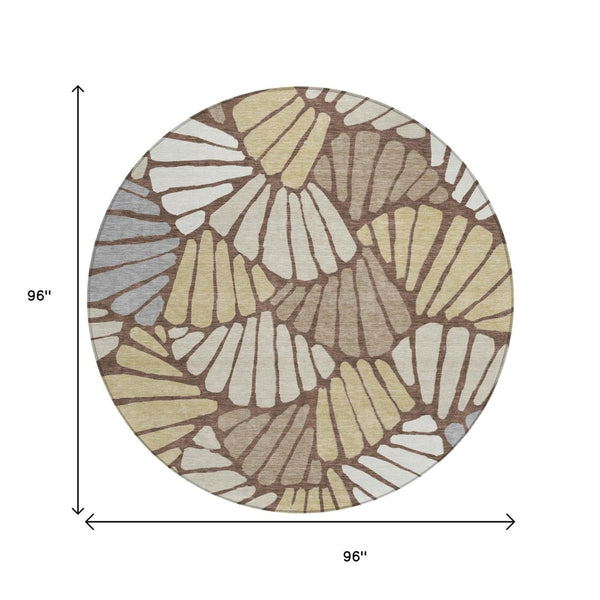 HomeRoots 8' Round Floral Area Rug in Chocolate, Gold & Gray - Stylish, Washable, Indoor/Outdoor Use, Durable Design 689903