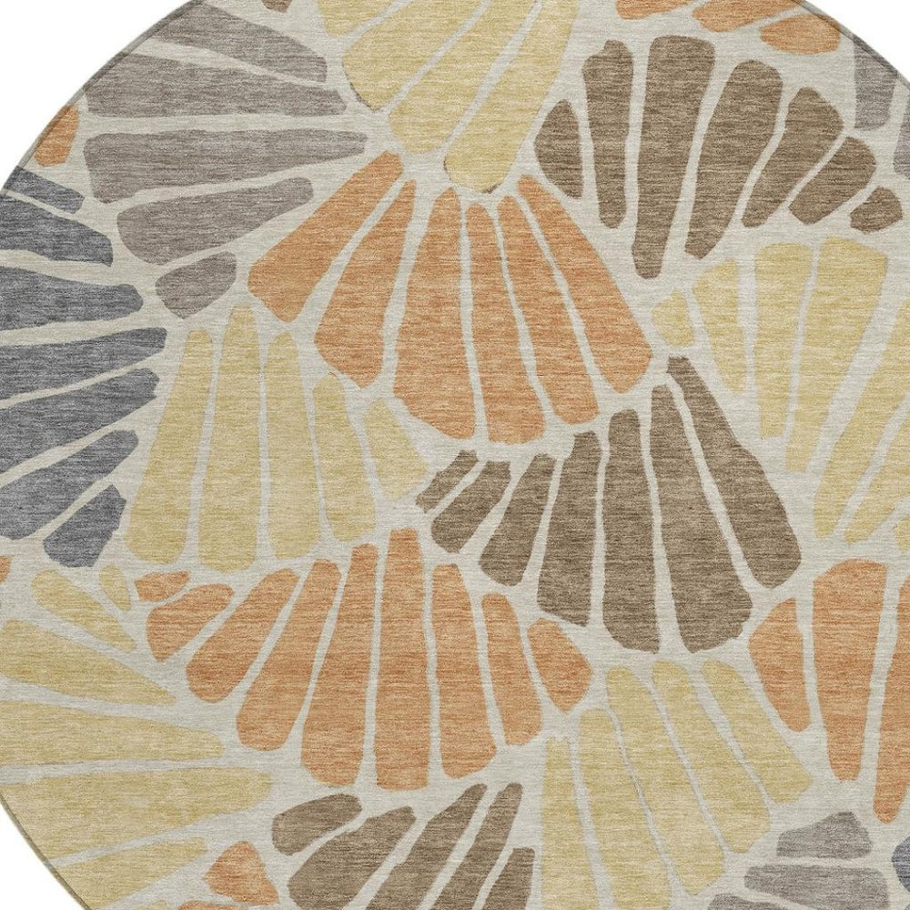 HomeRoots 8' Elegant Floral Round Area Rug in Copper, Gold & Brown – Washable for Indoor & Outdoor Use! 689909