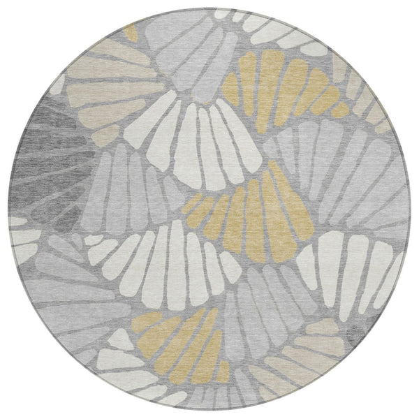HomeRoots 8' Gray Gold and Ivory Round Floral Washable Area Rug - Durable, Stylish, Indoor/Outdoor Essential! 689915