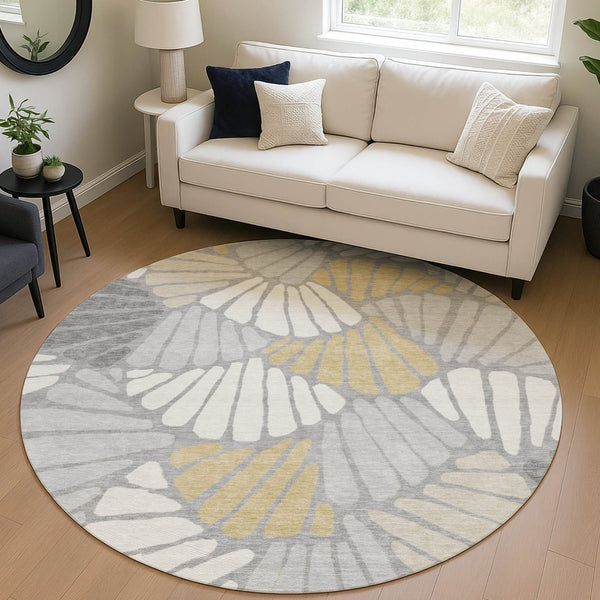 HomeRoots 8' Gray Gold and Ivory Round Floral Washable Area Rug - Durable, Stylish, Indoor/Outdoor Essential! 689915