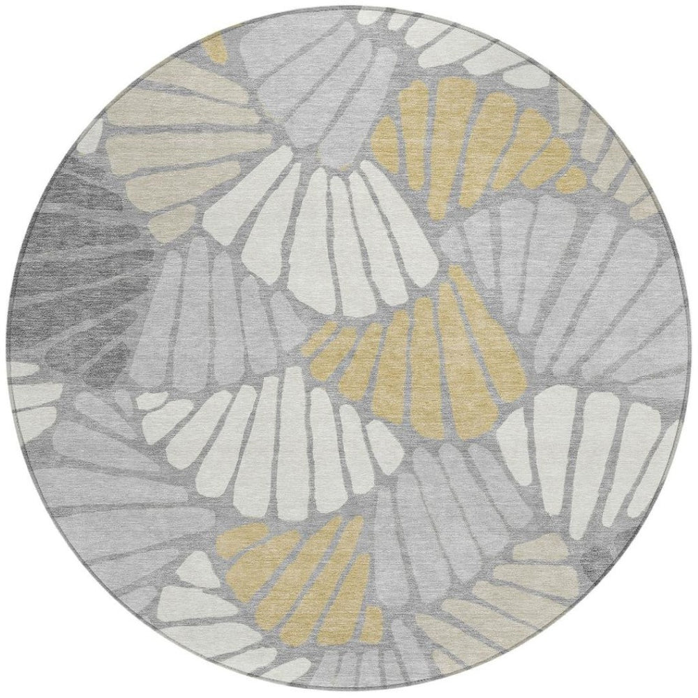 HomeRoots 8' Gray Gold and Ivory Round Floral Washable Area Rug - Durable, Stylish, Indoor/Outdoor Essential! 689915