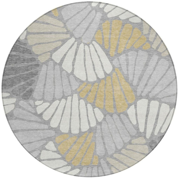 HomeRoots 8' Gray Gold and Ivory Round Floral Washable Area Rug - Durable, Stylish, Indoor/Outdoor Essential! 689915
