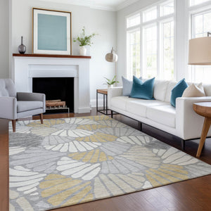 HomeRoots 8' X 10' Gray Gold Ivory Floral Area Rug - Stylish Washable Indoor Outdoor Design for All Spaces 689916