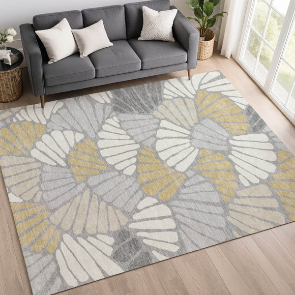 HomeRoots 9' X 12' Elegant Gray Gold Ivory Floral Area Rug - Durable, Washable, Versatile for Indoor & Outdoor Spaces 689917