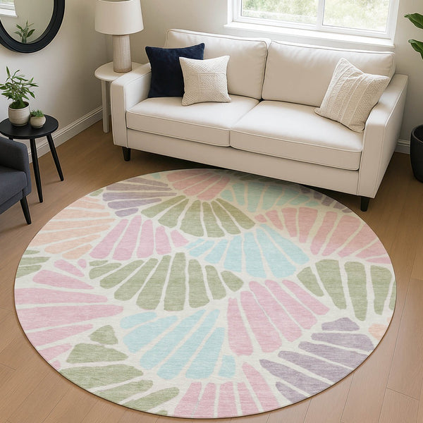 HomeRoots 8' Round Floral Area Rug in Sage, Pink & Aqua – Washable, Durable, Versatile for Indoor & Outdoor Use 689921