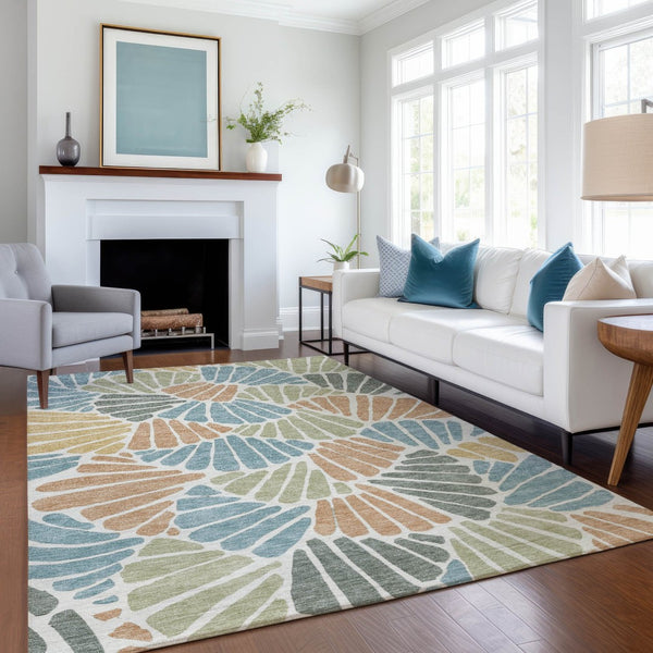 HomeRoots 9' x 12' Elegant Pale Aqua Floral Area Rug - Durable, Washable, Indoor/Outdoor Design for Any Space 689929